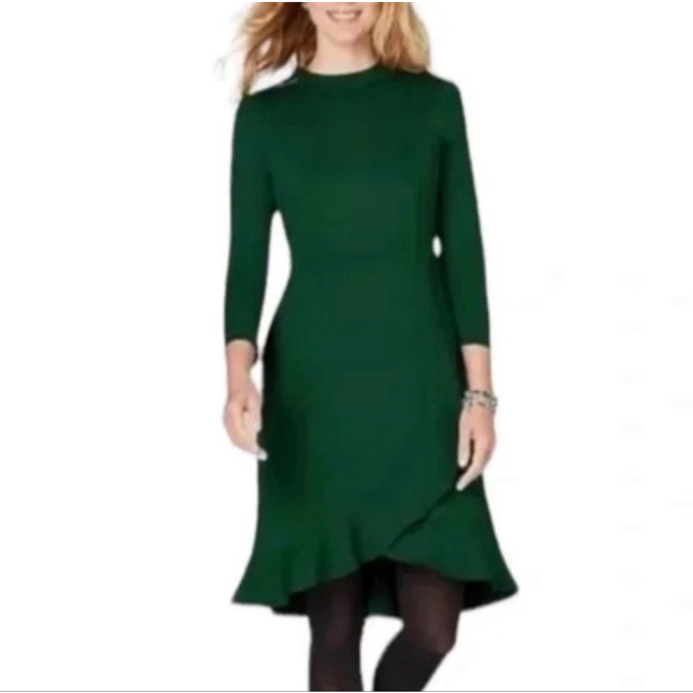 J.Jill Ponte Green 3/4 Sleeve A Line Classic Ruffle Hem Stretch Dress M NWT